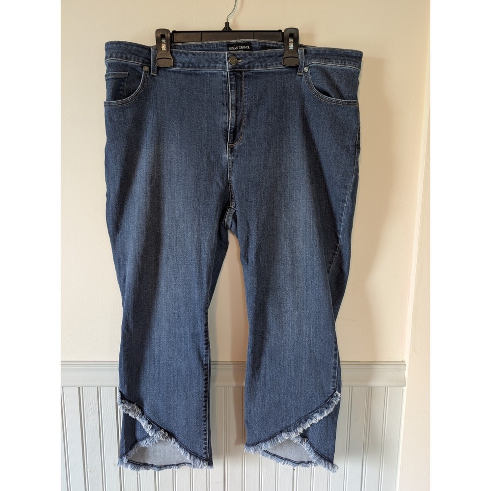 Susan Graver Cropped Jeans Women Size 24W Raw Hem Stretch Boho Chic Distressed